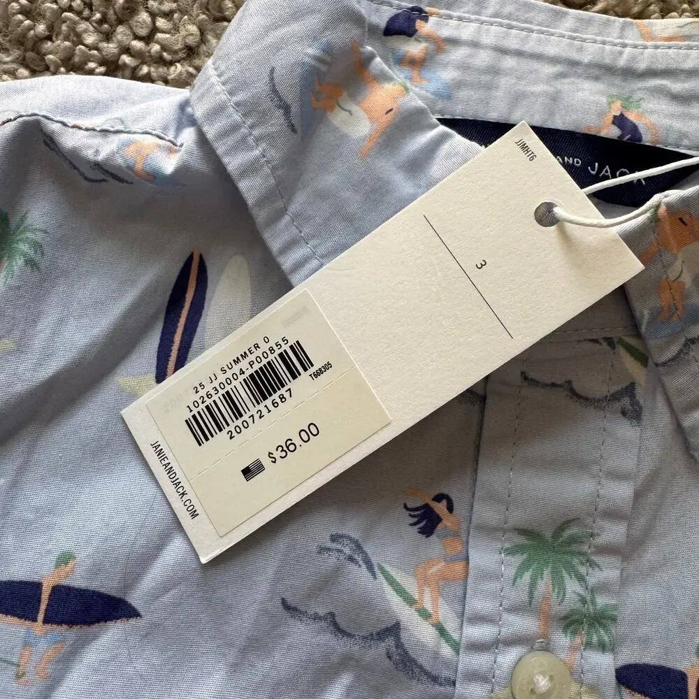 NWT Janie and Jack Toddler Boy SS Poplin Heather Blue Surfer Print Sz 3